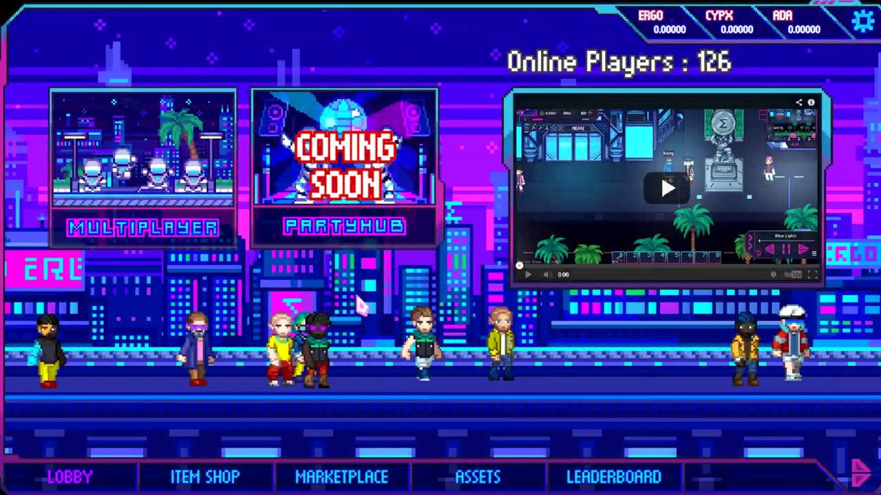 A pixel-art scene from Cyberrus depicting a neon-lit cyberpunk city street, with various NPCs and job icons visible.