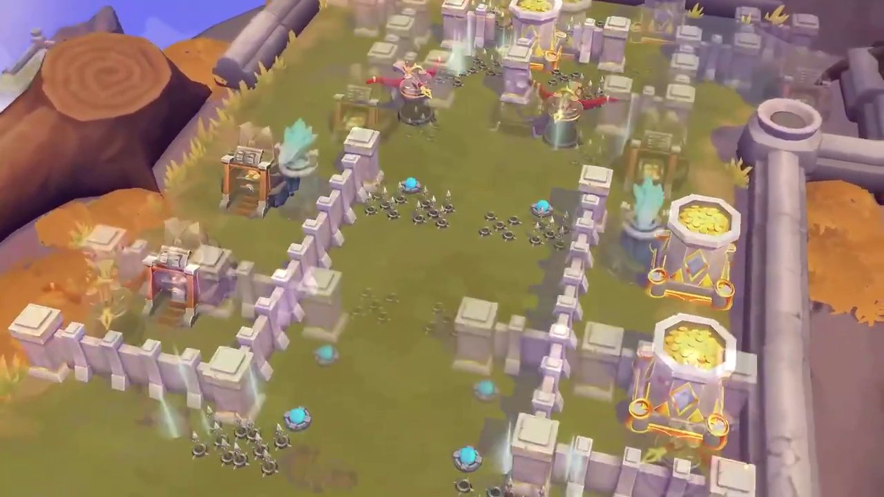 An isometric view of a player's starting island in Fable Born, floating in the sky with a hero character visible.