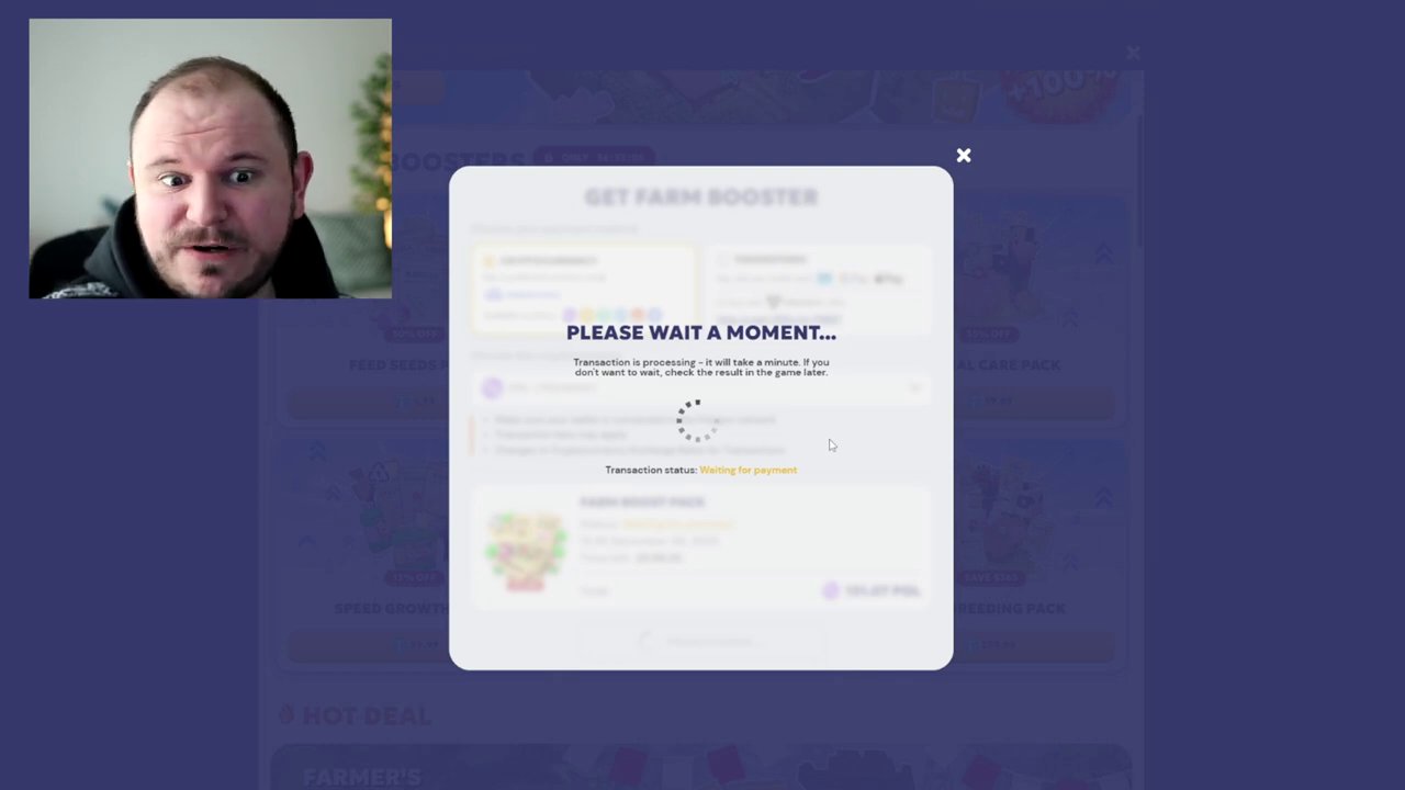 A close-up of the purchased "Farm Booster" pack contents listed in the inventory, showing fertilizers, seeds, and other boost items.