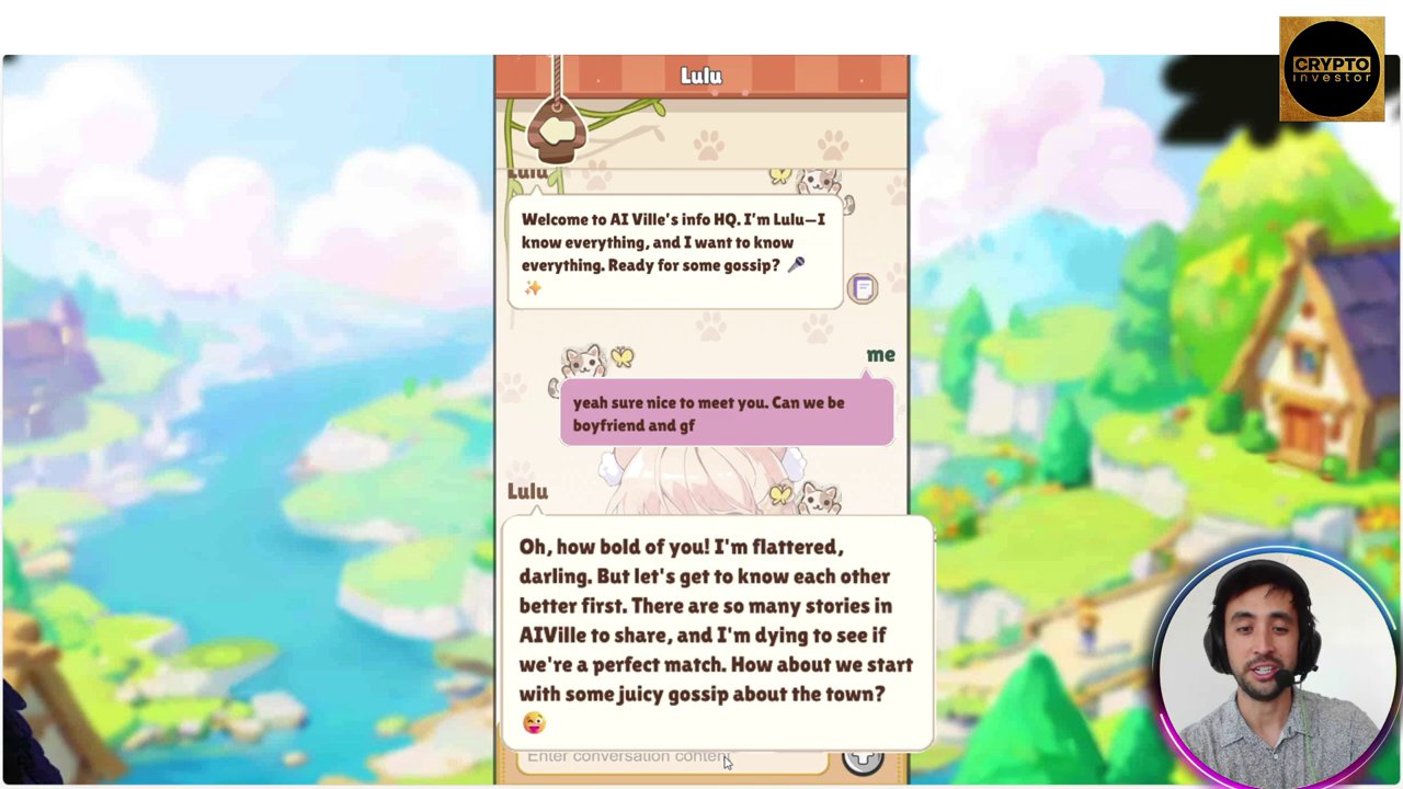 A screenshot of a conversation with the AI character Lulu, displaying her playful and gossipy personality in a chat bubble.