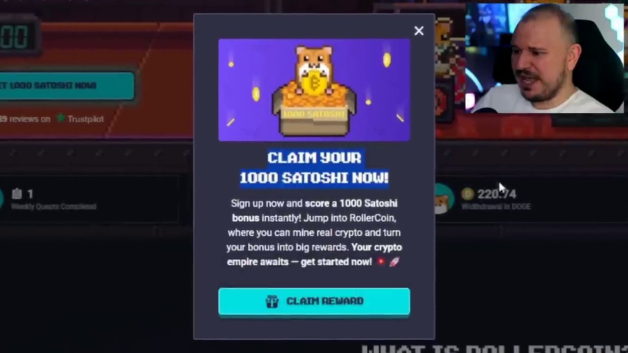 The host is ready to record, highlighting the immediate opportunity to claim 1000 Satoshi for new sign-ups.