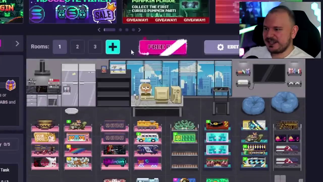 A look at the upgraded virtual office in RollerCoin, complete with a kitchen area, showcasing the game's engaging environment.