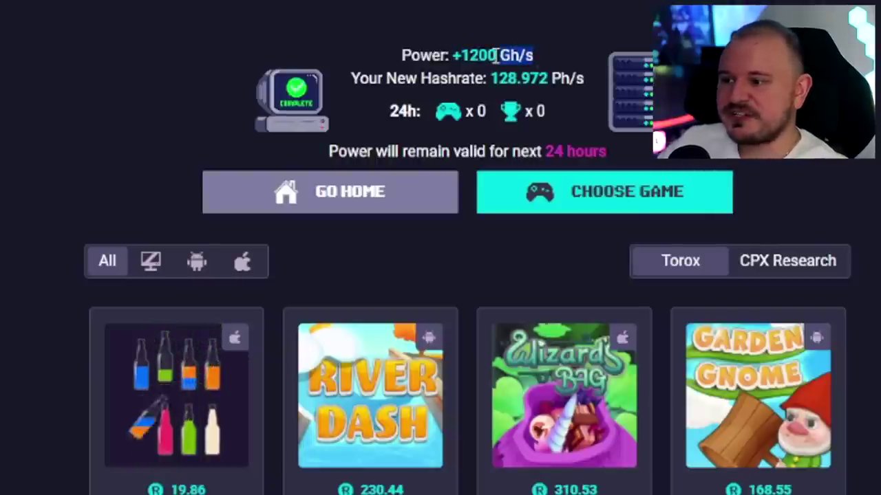 The host navigates to the Task Wall, showing the various offers available to earn free RLT, including playing other games.