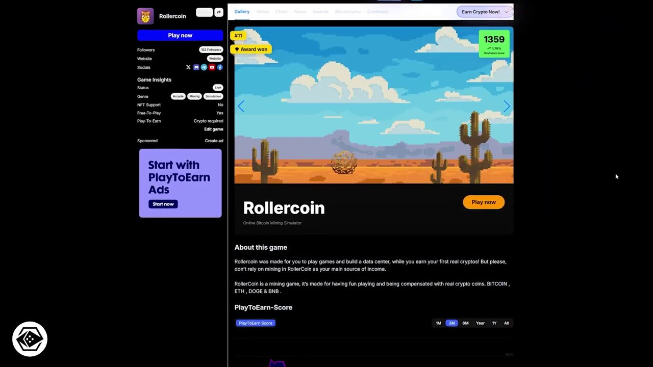 Interface of Rollercoin showing a player's virtual data center with various mining rigs.